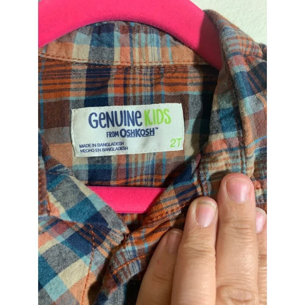 Genuine Kids Osh Kosh Plaid Button Up Shirt Boys Size 2T Orange Fall Grunge I6